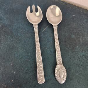 VTG Mexican Pewter Salad Servers Utensil Spoon Fork Artsy Retro 80s